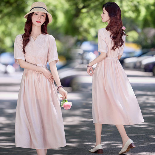 高级感刺绣V领，天丝棉麻连衣裙MY2597 商品图1