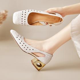 【预售5天】简约方头粗跟头层牛皮夏季浅口镂空真皮透气女鞋MBJR&6912