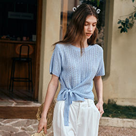 OLrain欧芮儿蓝色圆领绑带套头短袖针织衫女夏季2025新款别致上衣