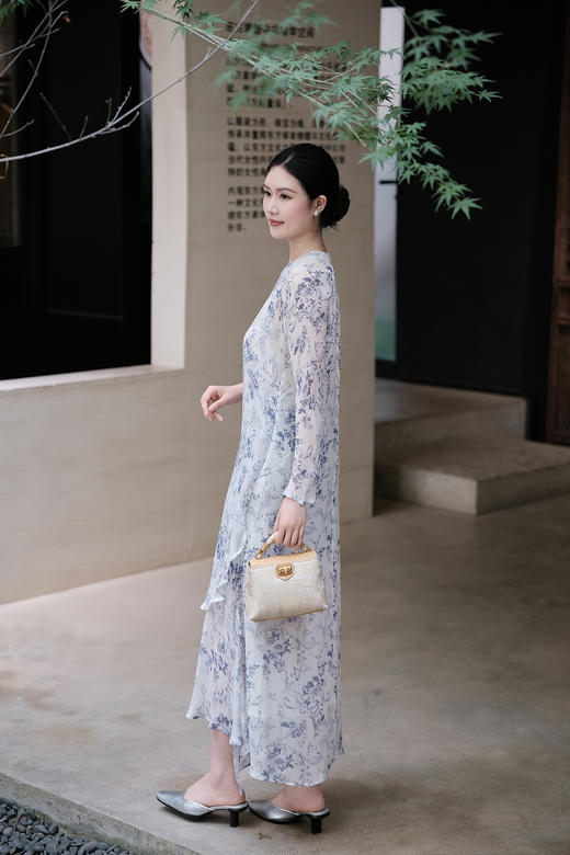 盛唐牡丹| 真丝雪纺斜摆长裙 商品图6