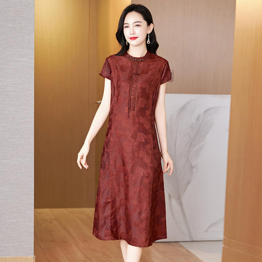 KQ-621625品质大码收腰显瘦红莨香云纱连衣裙夏复古国风中式提花中长裙 商品图2
