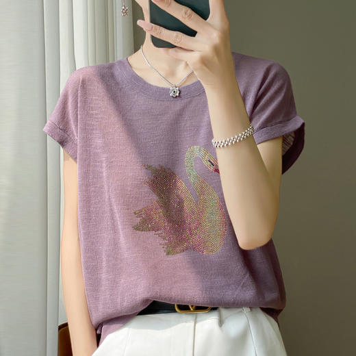 丁摩 百搭洋气圆领针织短袖t恤女夏季大码烫钻宽松百搭打底上衣新5ZF-2005 商品图3