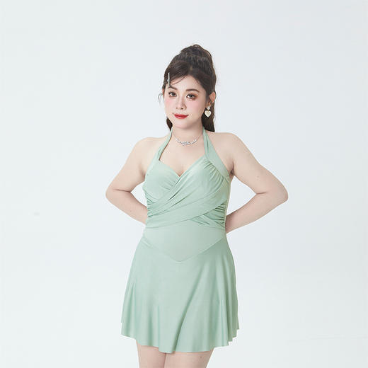 【新款大码女连体泳衣】纯色吊带钢托 小清新微胖女孩遮肚温泉 海边沙滩吊带泳衣 商品图6