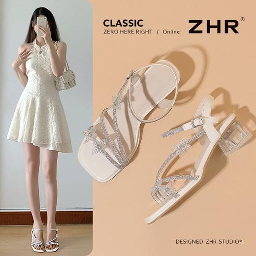 ZHR水钻蝴蝶结凉鞋银色粗跟凉鞋2025夏新款一字带高跟鞋中跟女鞋 商品图2