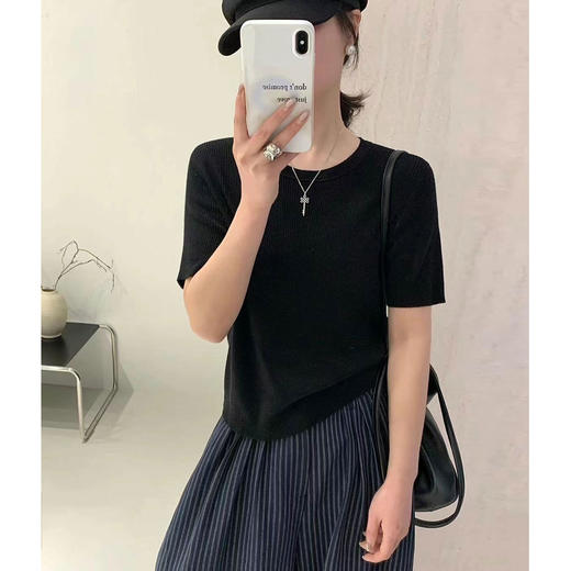 丁摩 春夏桑蚕丝+羊毛软糯舒适短袖针织衫时尚休闲条纹T恤上衣5ZF-25177 商品图1