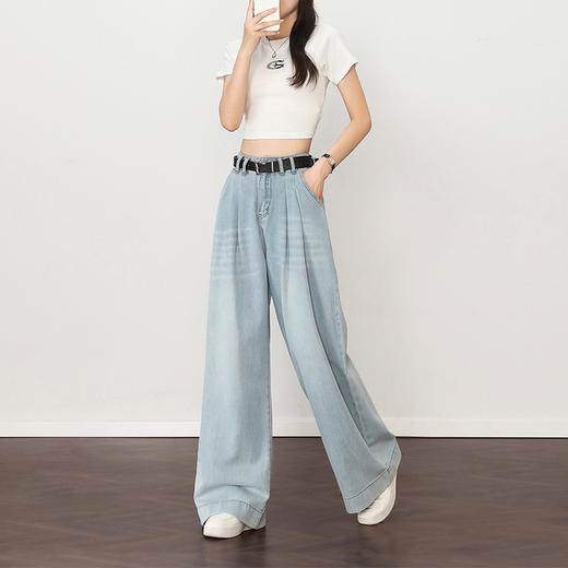 慵懒随性复古百搭水洗牛仔裤女夏季直筒阔腿裤配腰带H0051127 商品图1