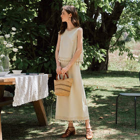 OLrain欧芮儿法式度假风时尚流苏套装女夏季2025新款卡其色两件套