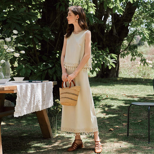 OLrain欧芮儿法式度假风时尚流苏套装女夏季2025新款卡其色两件套 商品图0