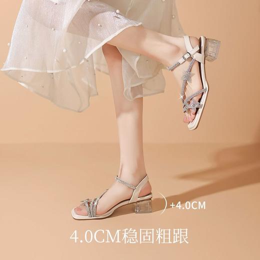 ZHR水钻蝴蝶结凉鞋银色粗跟凉鞋2025夏新款一字带高跟鞋中跟女鞋 商品图6