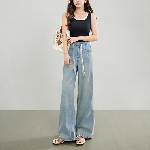 【专属特价】熙世界水洗浅蓝色阔腿牛仔裤女夏季薄款宽松抽绳高腰拖地直筒裤子 商品图1