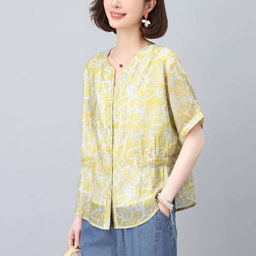 丁摩 时尚印花衬衫女夏季新款宽松洋气减龄薄款短袖上衣5ZF-2118 商品图0