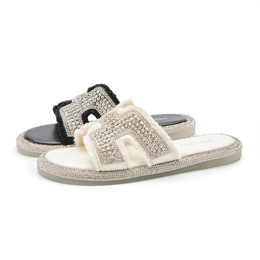 西遇水钻凉拖鞋女夏季外穿新款法式绝美配裙子凉鞋平底一字拖V1156803 商品图4