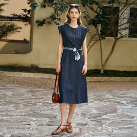 OLrain欧芮儿蓝色复古圆领收腰A字连衣裙女夏季2025新款中长裙