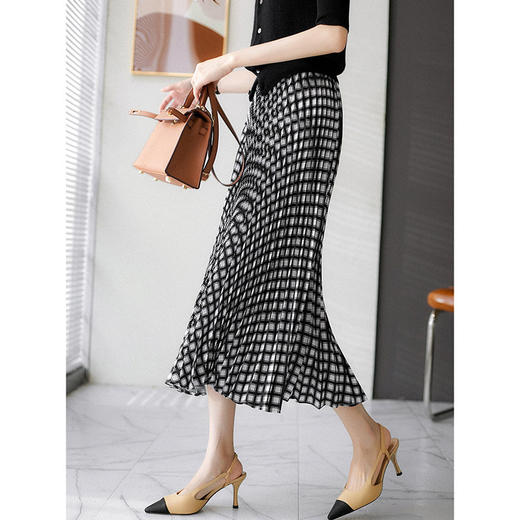 丁摩 半身裙女夏季新款复古格子高腰显瘦气质百褶裙中长款a字裙5ZF-51143 商品图0