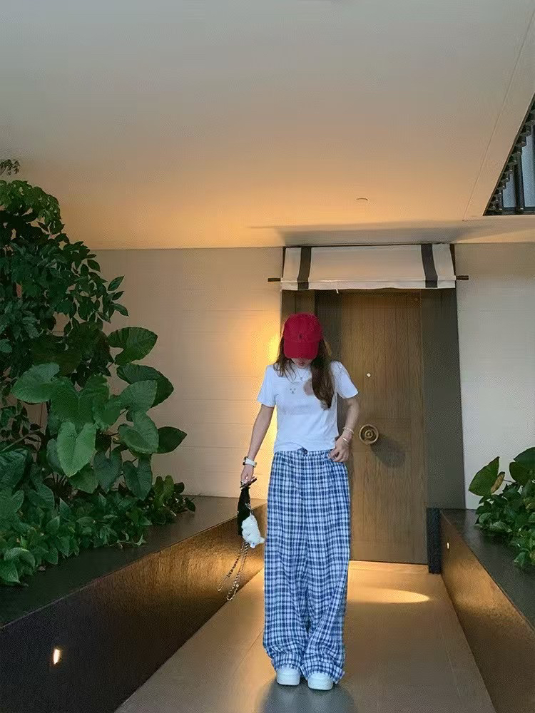 夏日时髦蓝格纹神裤