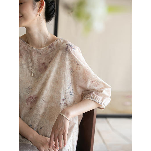 牧衣游原创 印花100支新疆棉套头衫新款圆领轻薄七分袖上衣 通禅 商品图3