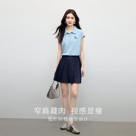 【五折购】熙世界Polo领正肩t恤女夏2025新款设计感刺绣休闲飞飞袖体恤上衣 商品图2