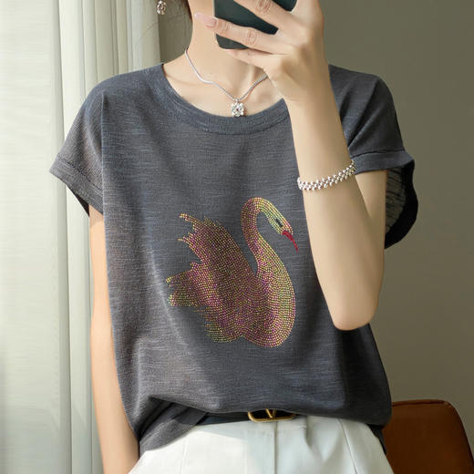 丁摩 百搭洋气圆领针织短袖t恤女夏季大码烫钻宽松百搭打底上衣新5ZF-2005 商品图4