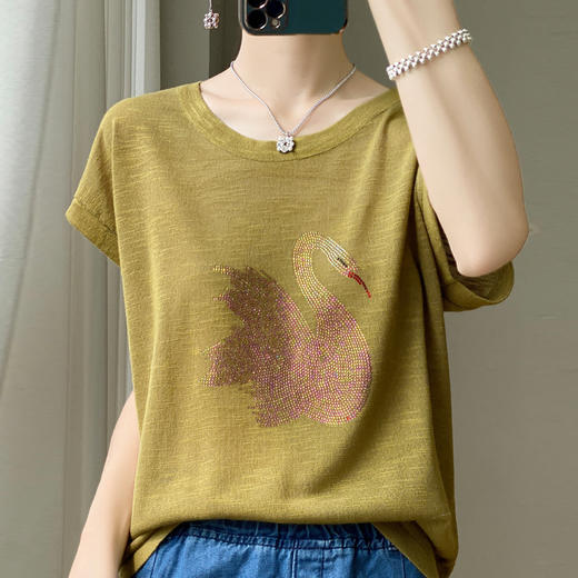 丁摩 百搭洋气圆领针织短袖t恤女夏季大码烫钻宽松百搭打底上衣新5ZF-2005 商品图7