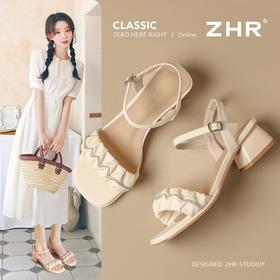 ZHR则则一字带水钻粗跟凉鞋女2025夏季新款优雅柔软显高粗跟凉鞋