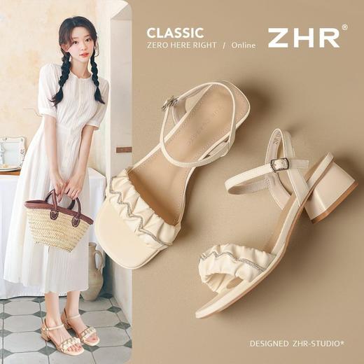 ZHR则则一字带水钻粗跟凉鞋女2025夏季新款优雅柔软显高粗跟凉鞋 商品图0