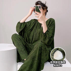 棉绸 宽松舒适春夏自带胸垫防凸点长袖家居套装0207