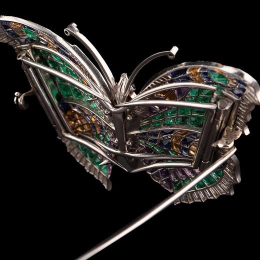 独角鹿西洋古董 蝴蝶造型铂金镶嵌祖母绿钻石紫水晶托帕石及黄水晶可拆卸双夹式胸针 商品图5