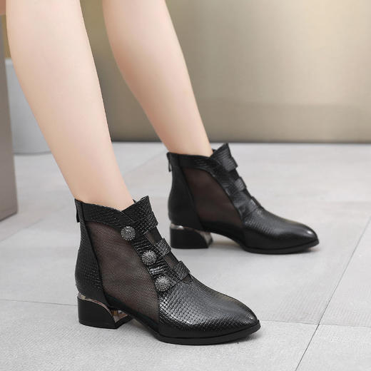 丁摩 新款真皮网靴镂空中跟大码尖头后拉链粗跟春夏季包头凉靴5ZF-1706 商品图2