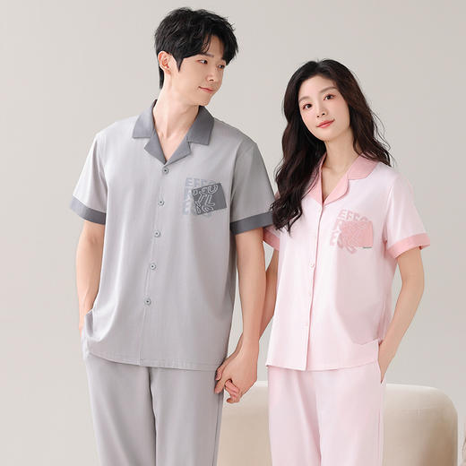 I'd爱帝情侣款棉弹力翻领短袖长裤家居服套装 商品图3