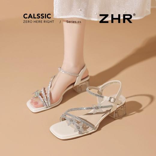 ZHR水钻蝴蝶结凉鞋银色粗跟凉鞋2025夏新款一字带高跟鞋中跟女鞋 商品图8