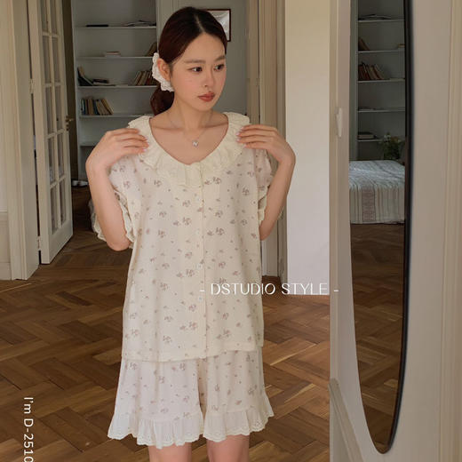 【呼吸气泡棉】2025夏季新款睡蕾丝碎花衣休闲家居服短袖短裤两件套装 商品图3