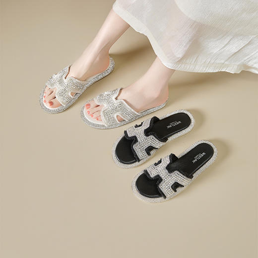 西遇水钻凉拖鞋女夏季外穿新款法式绝美配裙子凉鞋平底一字拖V1156803 商品图0