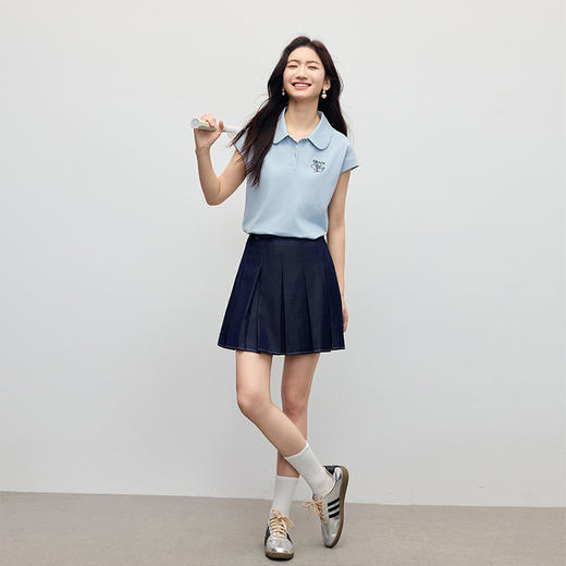 【五折购】熙世界Polo领正肩t恤女夏2025新款设计感刺绣休闲飞飞袖体恤上衣 商品图4