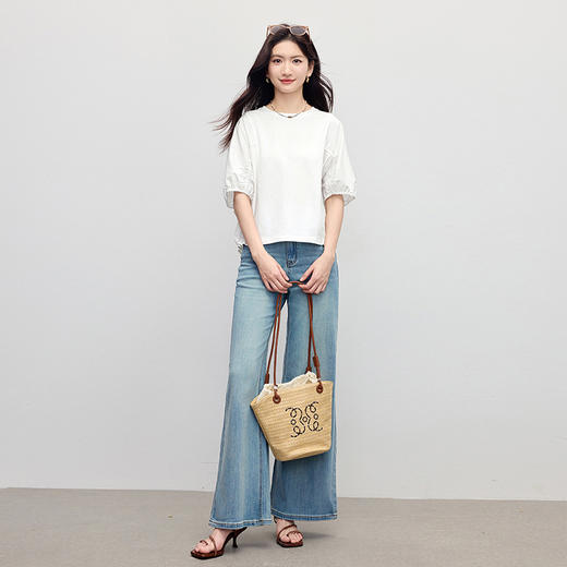 【周末秒杀】熙世界蝙蝠袖天丝白色T恤女宽松休闲独特设计感上衣夏日淡人穿搭 商品图4