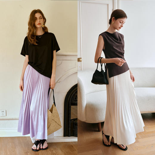 OLrain欧芮儿流光压褶缎面A字半身裙女夏季2025年新款高腰百褶裙 商品图3