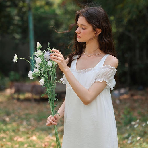 OLrain欧芮儿2025夏季新款一字肩网纱裙白色U领真两件宽松连衣裙 商品图2