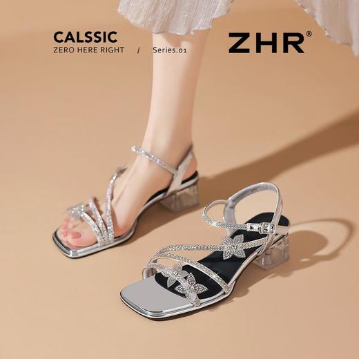 ZHR水钻蝴蝶结凉鞋银色粗跟凉鞋2025夏新款一字带高跟鞋中跟女鞋 商品图4