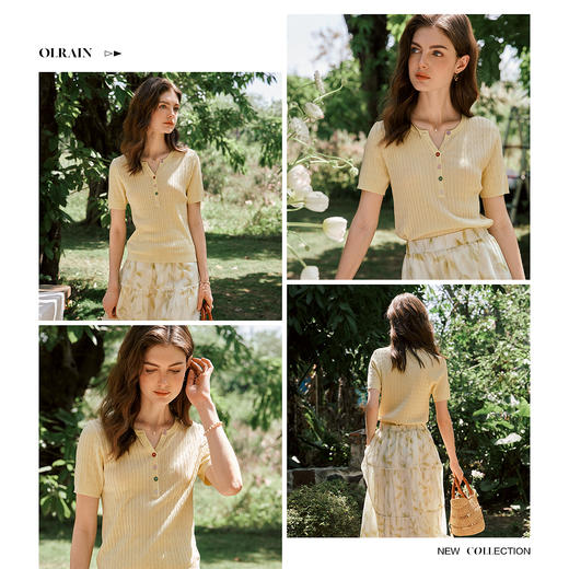 OLrain欧芮儿法式通勤休闲黄色毛针织衫女夏季2025年新款短袖上衣 商品图1