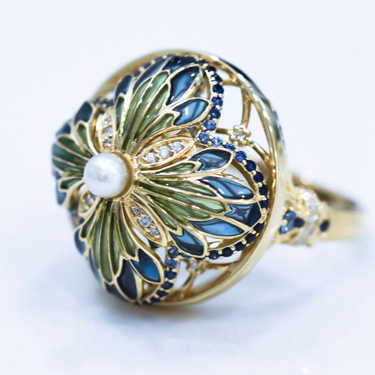 「天堂的微光」珍珠珐琅旋转18K金戒指【定制】