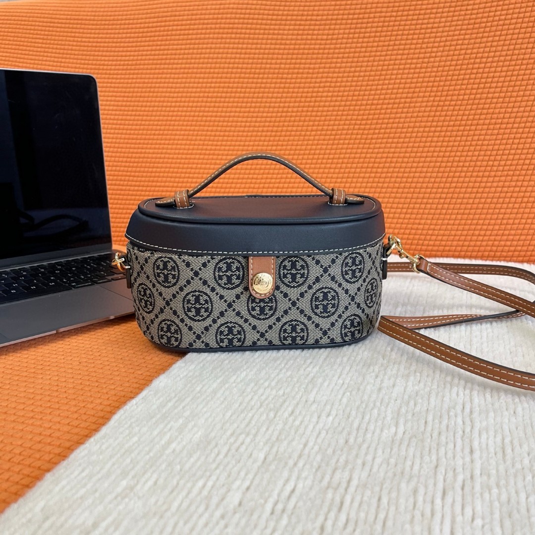 T家化妆包盒子包女士斜挎手提包老花水桶包