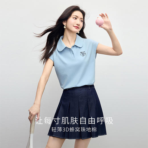 【五折购】熙世界Polo领正肩t恤女夏2025新款设计感刺绣休闲飞飞袖体恤上衣 商品图1
