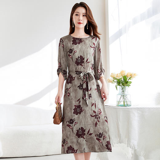 丁摩 原创国风真丝缎面连衣裙圆领短袖印花桑蚕丝中长裙女5ZF-9190 商品图5