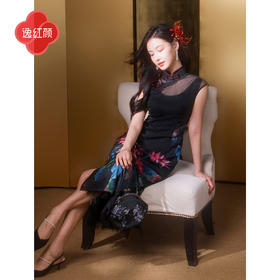 逸红颜晚俪2025夏新款双绉雪纺手绘向日葵复古修身改良旗袍小黑裙