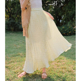 OLrain欧芮儿黄色波点压褶A字半身裙夏季2025新款高腰气质中长裙