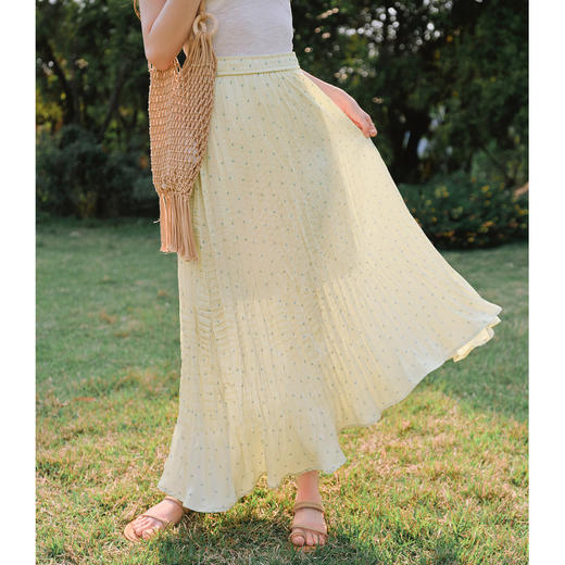 OLrain欧芮儿黄色波点压褶A字半身裙夏季2025新款高腰气质中长裙 商品图0