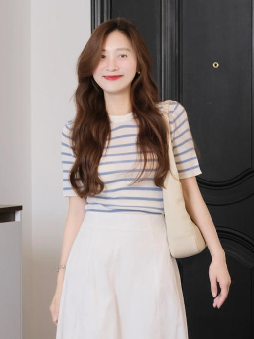 【百图lulu定制】【海魂衫】法式 蓝色条纹 透气凉爽 天丝 短袖针织衫 商品图2