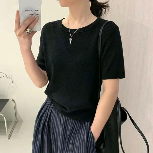 丁摩 春夏桑蚕丝+羊毛软糯舒适短袖针织衫时尚休闲条纹T恤上衣5ZF-25177 商品图7
