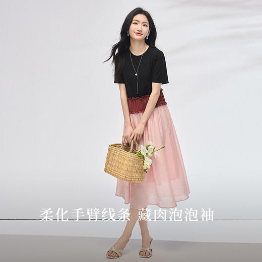 【专属特价】熙世界设计感撞色收腰连衣裙女假两件短袖T恤拼接裙子2025夏新款 商品图2