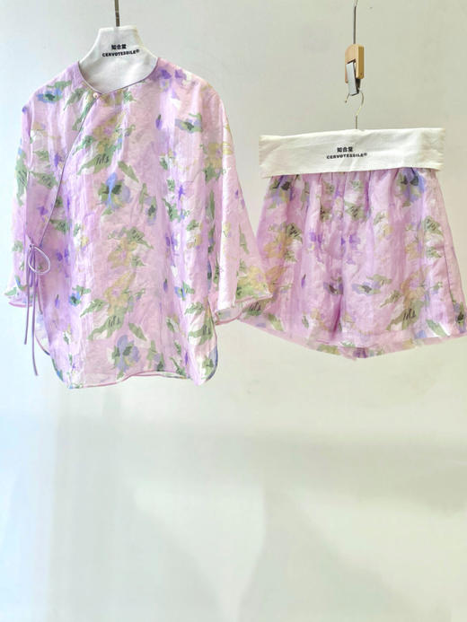 丁摩 夏季新款新中式斜襟宽松休闲衬衫松紧腰短裤套装女5ZF-4741 商品图1