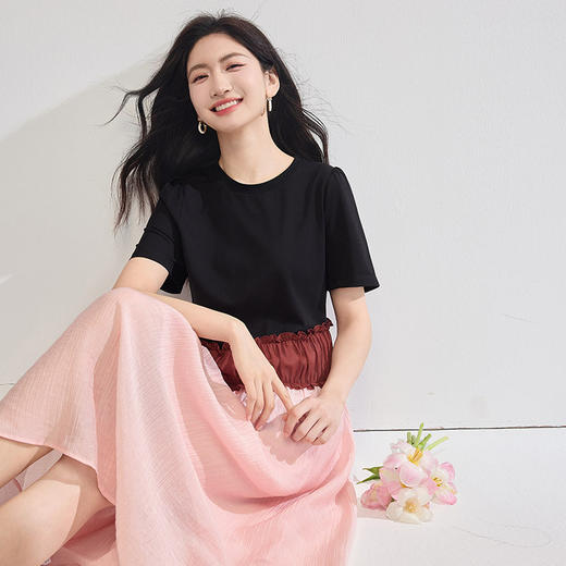 【专属特价】熙世界设计感撞色收腰连衣裙女假两件短袖T恤拼接裙子2025夏新款 商品图4